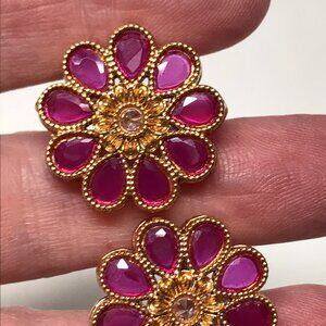 Ruby Flower Petal Earrings for Pierced Ears Gold Tone Metal 1" Wide